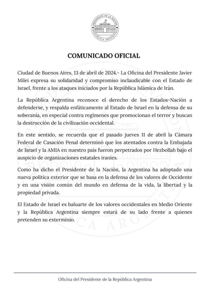 Declaración del presidente de Argentina, Javier Milei, reconociendo el derecho de Israel a su defensa