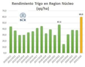Los rindes del trigo en zona núcleo se acercan a 60 quintales por hectárea. Fuente: Bolsa de Comercio de Rosario
