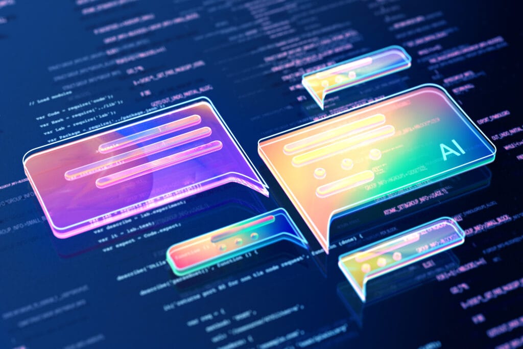 Las 10 predicciones tecnológicas de IBM para 2025 auguran que la imagen generada digitalmente de íconos abstractos de chat de datos de IA estarán volando sobre una superficie digital con códigos.