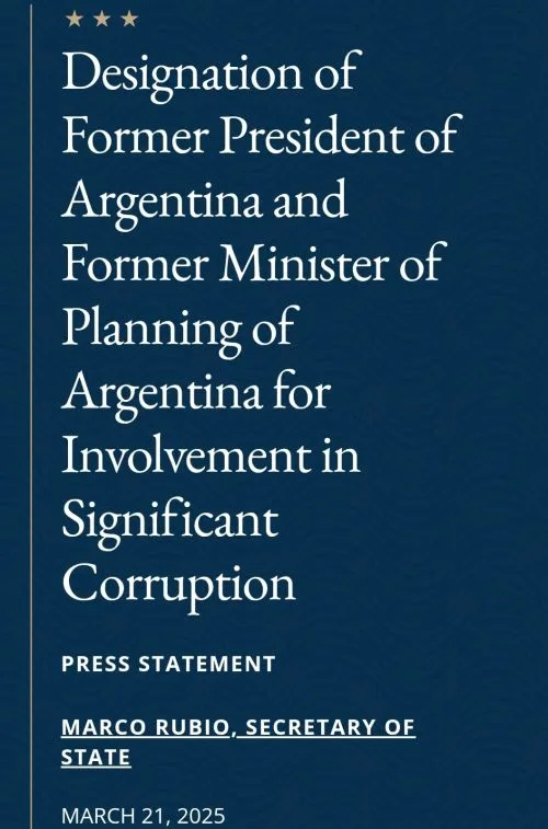 Por un compromiso de combatir la corrupción global Estados Unidos declaró corruptos a Cristina Kirchner y Julio De Vido