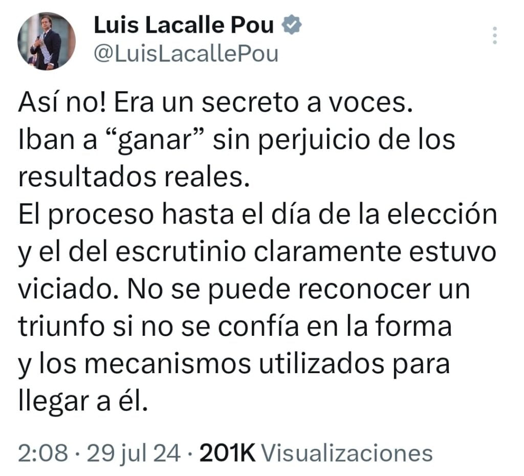 Luis Lacalle Pou, presidente de Uruguay, tambièn se pronunció en rechazo a los resultados electorales en Venezuela.