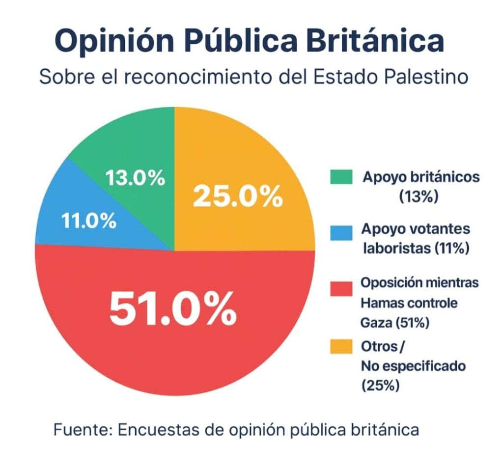 Sólo 13% de los británicos apoya el reconocimiento de un Estado palestino que anunció Keir Starmer, primer ministro del Reino Unido, hoy 21 de septiembre de 2025. Fuente: Comunidades Plus
