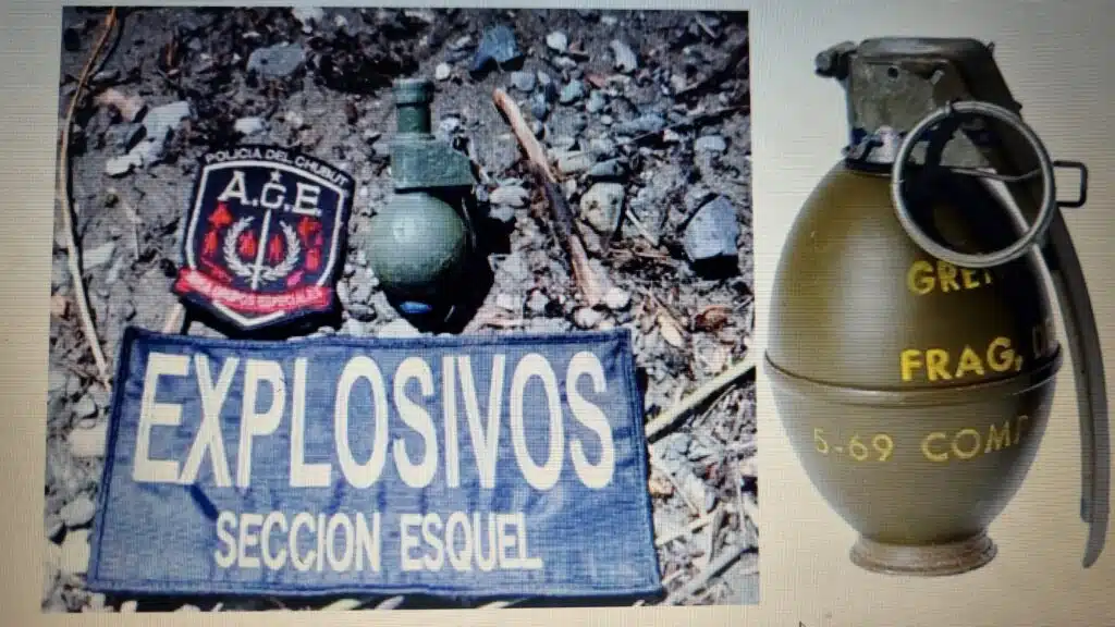 Granadas del tipo FMK2 y FMK8, de Fabricaciones Militares, halladas entre fin de diciembre y principios de enero en el Lago Epuyén, provincia de Chubut.