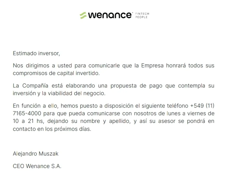 Nota enviada por Wenance a algunos inversores.