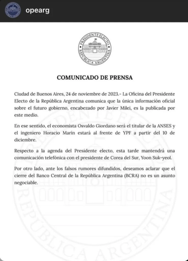 Comunicado de la Oficina del Presidente Electo, Javier Milei