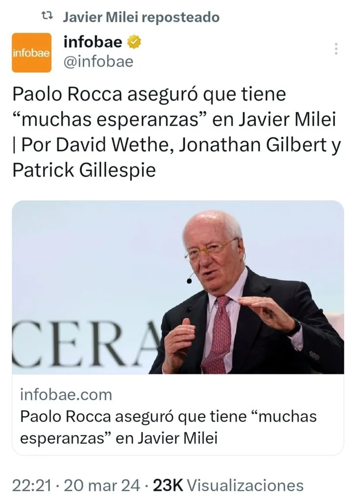 En su cuenta de la red social X, Javier Milei reposteó sus propias declaraciones reproducidas por medios argentinos.