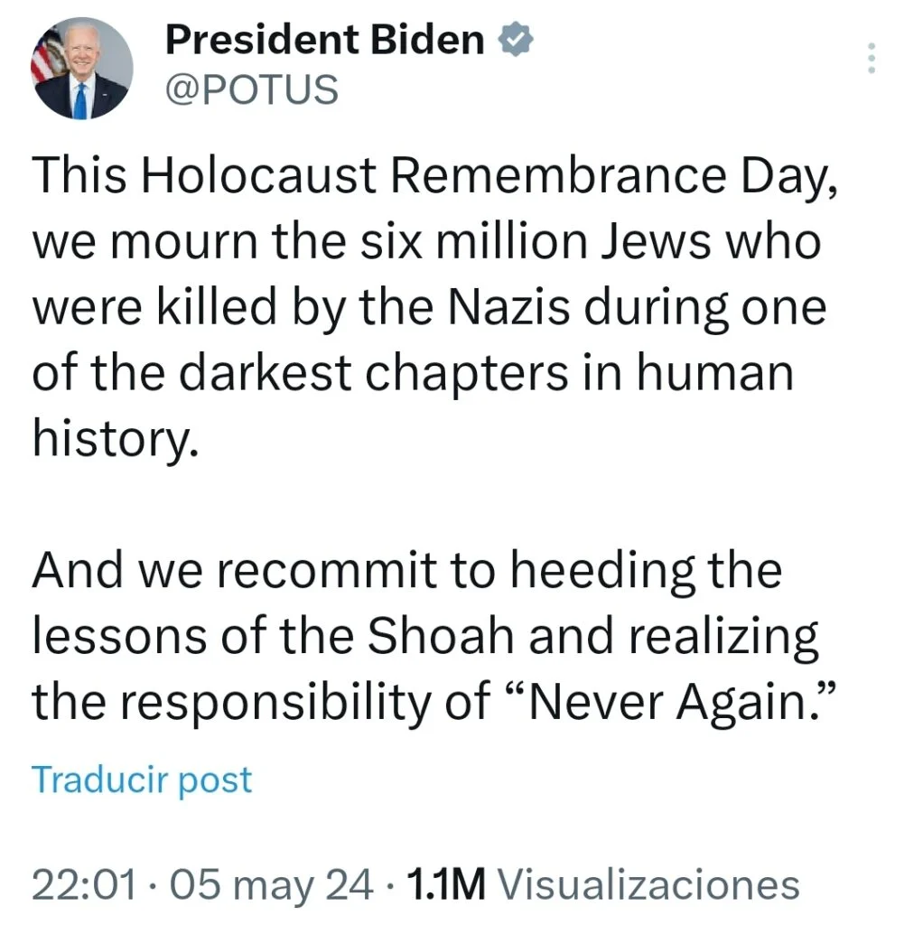 Posteo del presidente de Estados Unidos, Joe Biden, adhiriendo al Ðía de Conmemoración del Holocausto. 