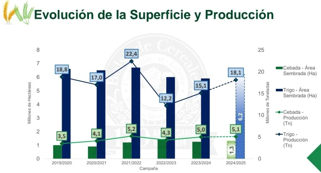 Evolución de superficie y producción de trigo y cebada. Fuente: Bolsa de Cereales de Buenos Aires 