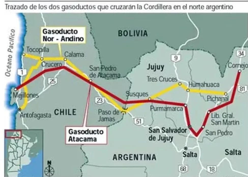 Desde Chile, el transporte de gas natural se realizará desde la terminal GNL Mejillones a través del gasoducto Norandino que une la región de Antofagasta con la provincia de Salta.