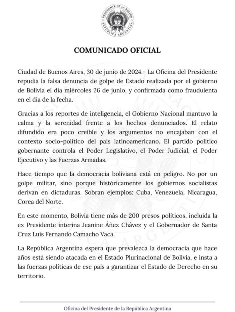 El gobierno argentino repudió la falsa denuncia de golpe de Estado en Bolivia.