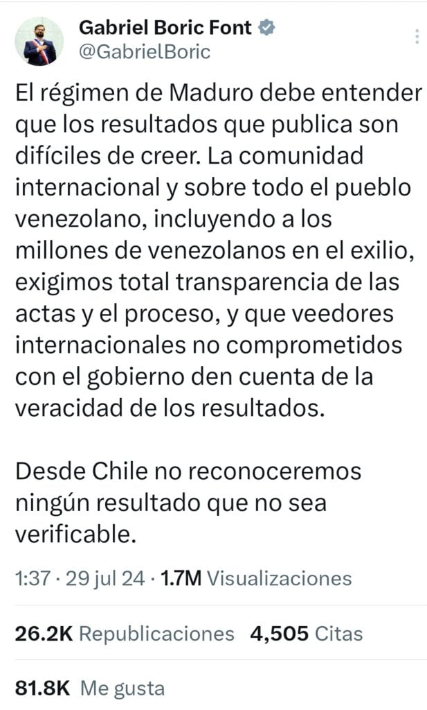 Gabriel Boric anunció que Chile no reconocerá el dudoso triunfo de Nicolás Maduro en Venezuela.