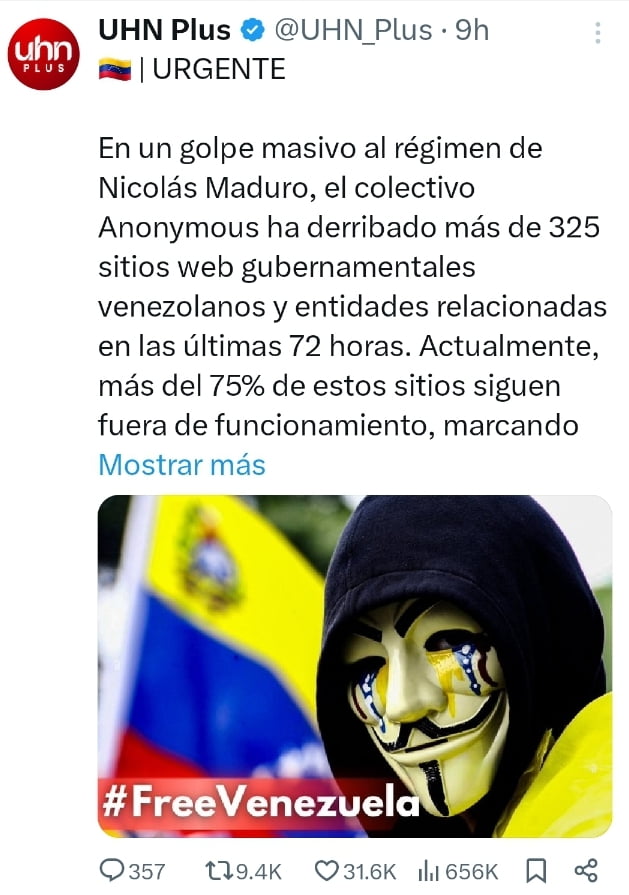 La red social X registra que Anonymous atacó al régimen de Nicolás Maduro 