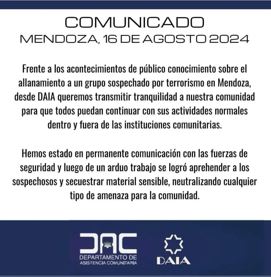 Desde la Dirección de Acción Comunitaria la DAIA de Mendoza transmitió tranquilidad.