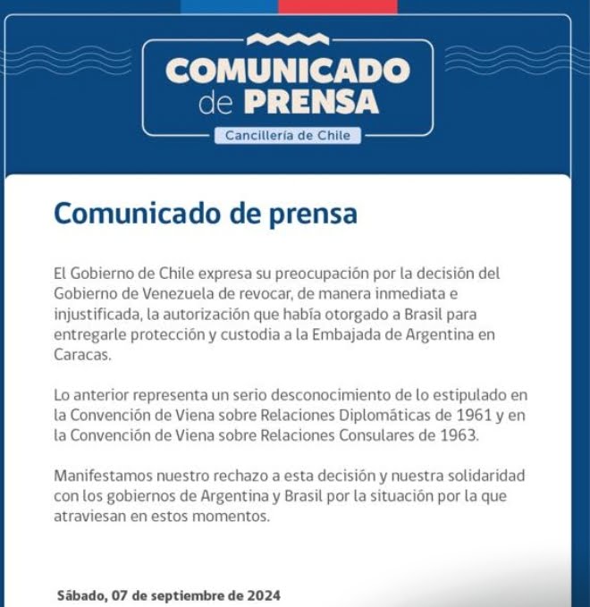 Chile reaccionó contra la amenaza del Régimen de Nicolás Maduro de vulnerar la inmunidad diplomática de la Embajada Argentina y de su representación por parte de Brasil.