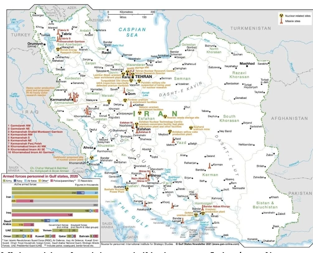 Ubicación de sitios misilísticos en Irán. Crédito: GSN