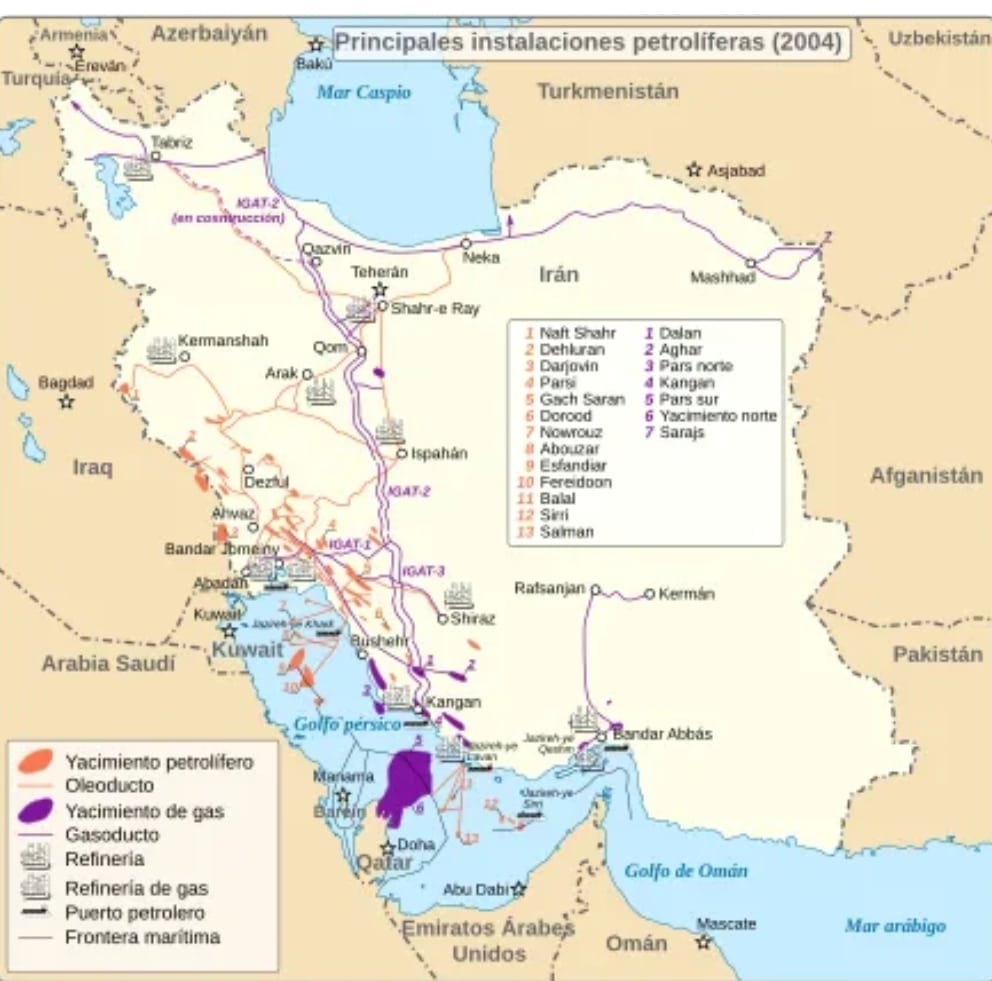 Infraestructuras y yacimientos de petróleo y gas de Irán. Imagen: Wikipedia.