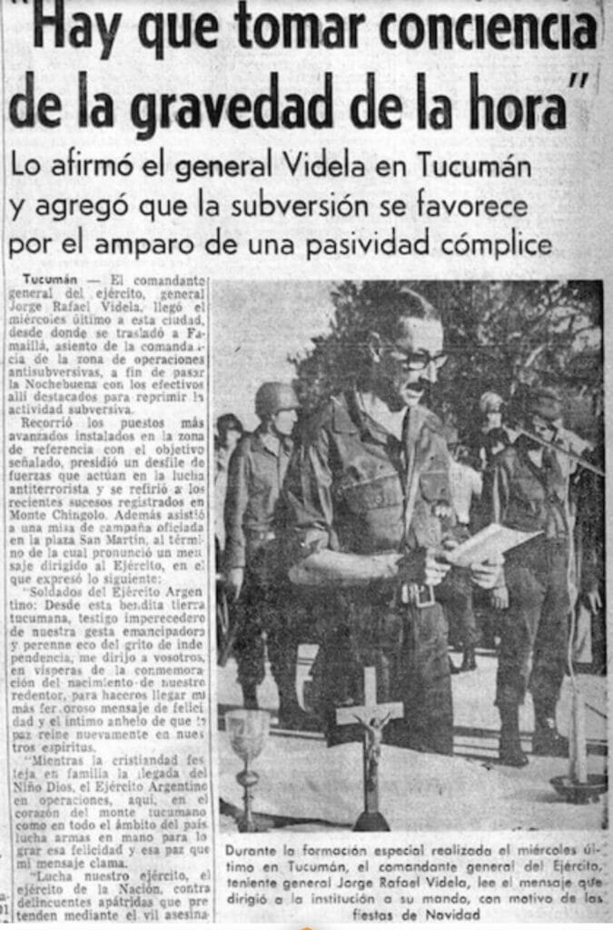 Discurso de Jorge Rafael Videla antes de la Navidad de 1975. Previo al 24 de marzo de 1976, tres altos oficiales, recibieron orden de planificar minuciosamente el operativo de detención de Isabelita. 