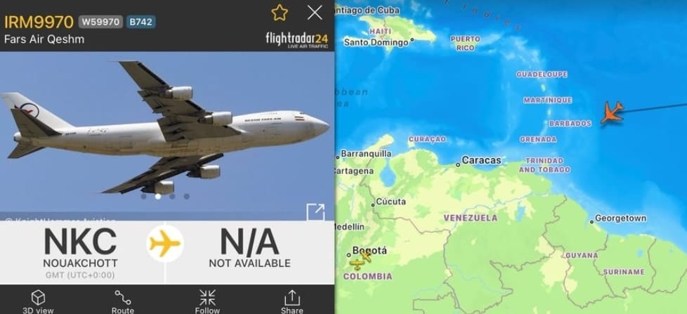 Desde Mauritania, el vuelo trató un trayecto directo, a través del océano Atlántico, hacia Venezuela.
