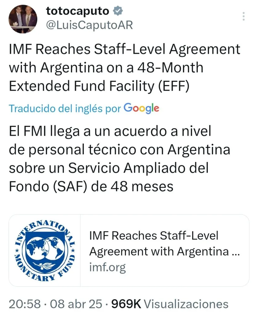 El FMI y Argentina llegan a un "acuerdo técnico" por US$ 20.000.