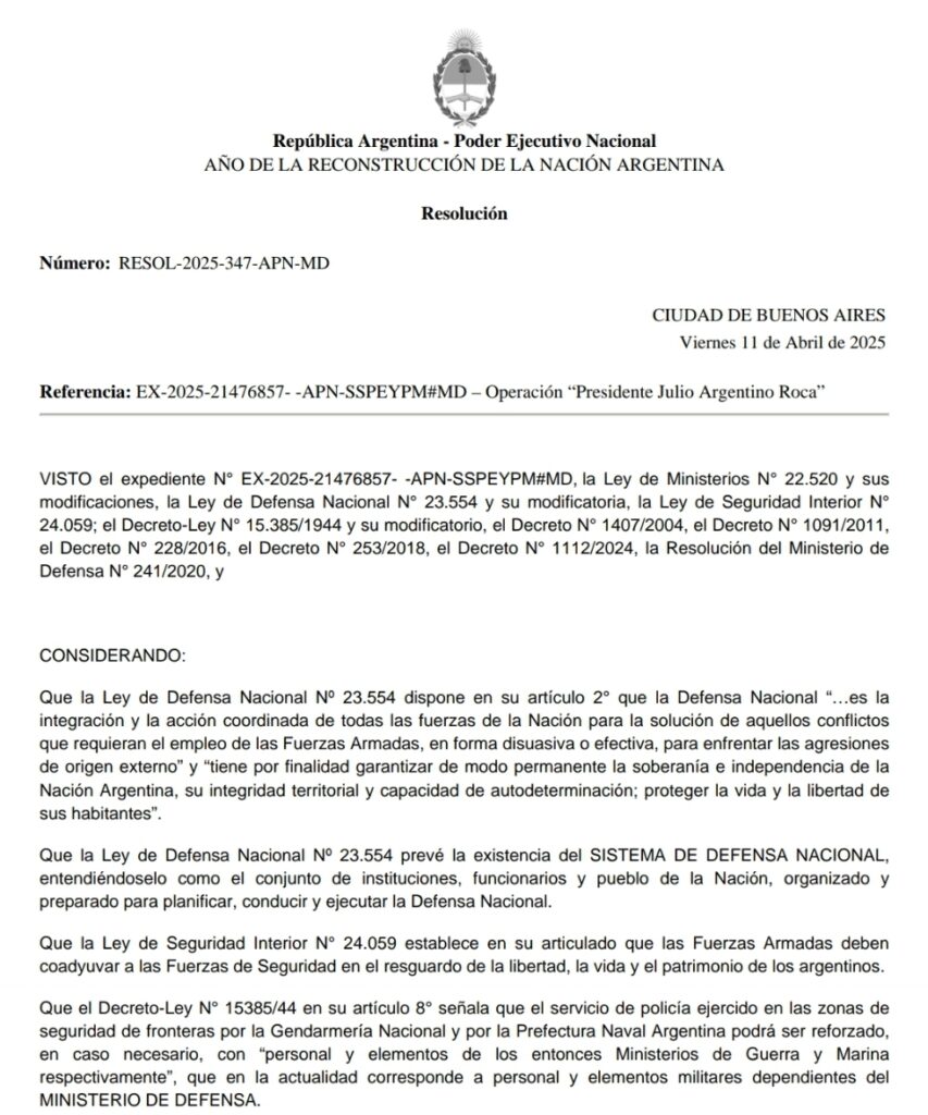 Argentina lanzó la "Operación Roca" para mayor seguridad en las fronteras norte y noreste del país, según Resolución 2025-347-APN-MD.