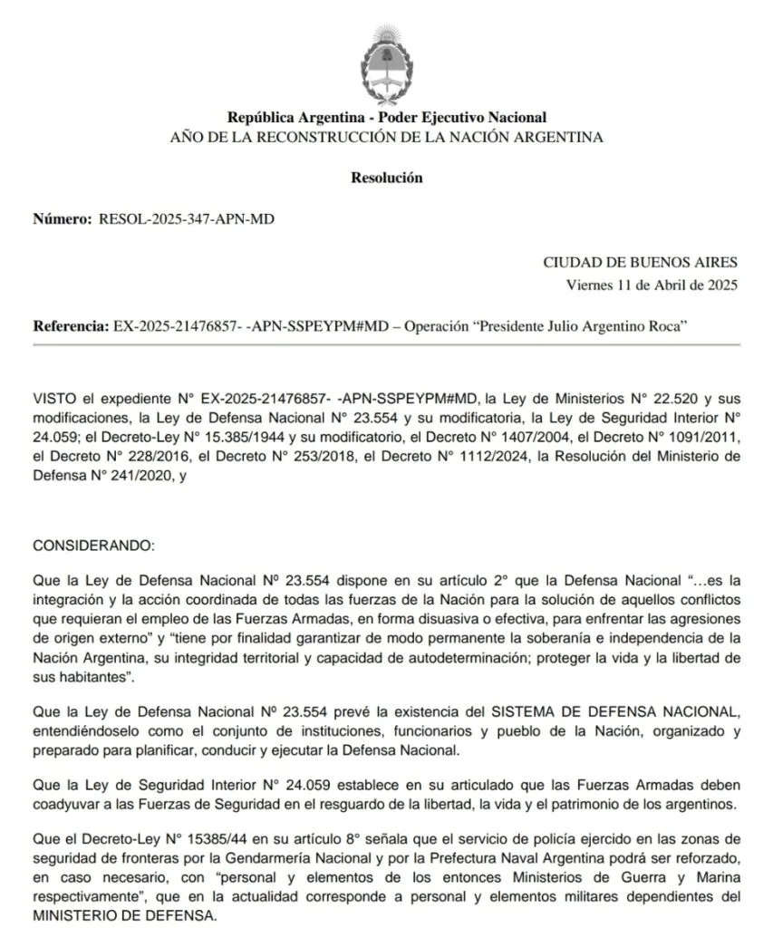 Argentina lanzó la "Operación Roca" para mayor seguridad en las fronteras norte y noreste del país, según Resolución 2025-347-APN-MD.