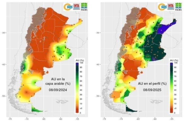 Mapa de porcentaje de agua útil en el perfil al 08/09/24 y al 08/09/25. Fuente: SMN, INTA, FAUBA.