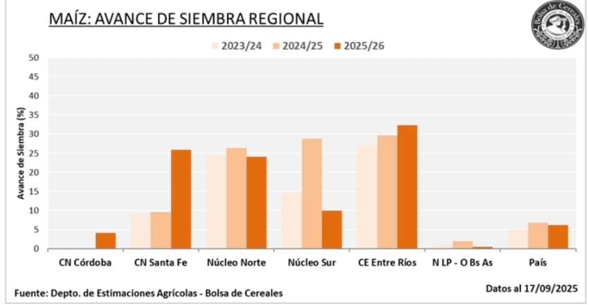Buena condición hídrica para la siembra  de maíz temprana registra el Panorama Agrícola Semanal de la Bolda de Cereales de Buenos Aires.