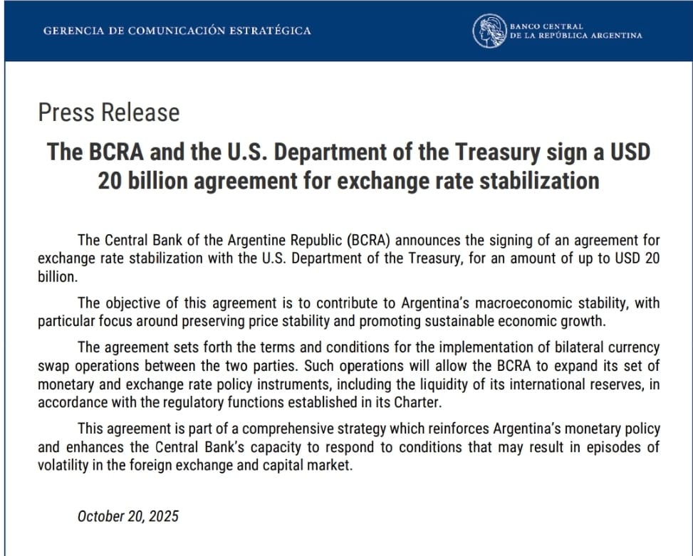 Comunicado del Banco Central de la República Argentina anunciando la firma del swap con el Tesoro de Estados Unidos.
