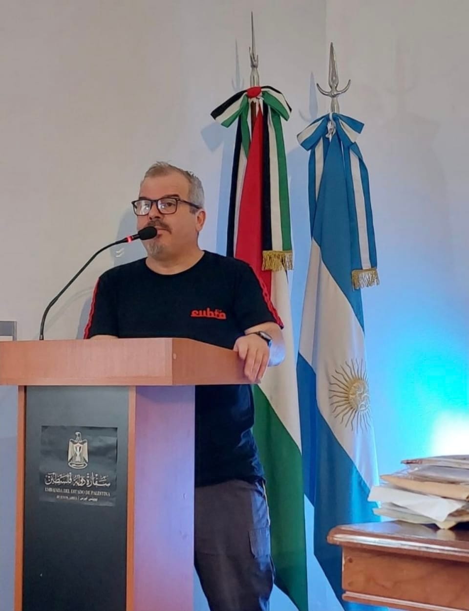 “Ante el genocidio cometido por Israel, hoy todos somos palestinos”, enfatizó Jorge Pisani, sindicalista y militante del trotskismo argentino.