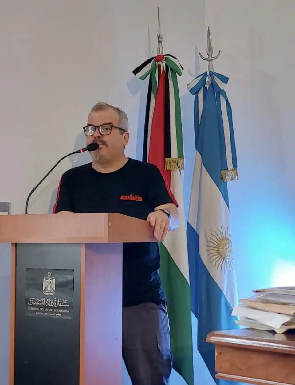 “Ante el genocidio cometido por Israel, hoy todos somos palestinos”, enfatizó Jorge Pisani, sindicalista y militante del trotskismo argentino.