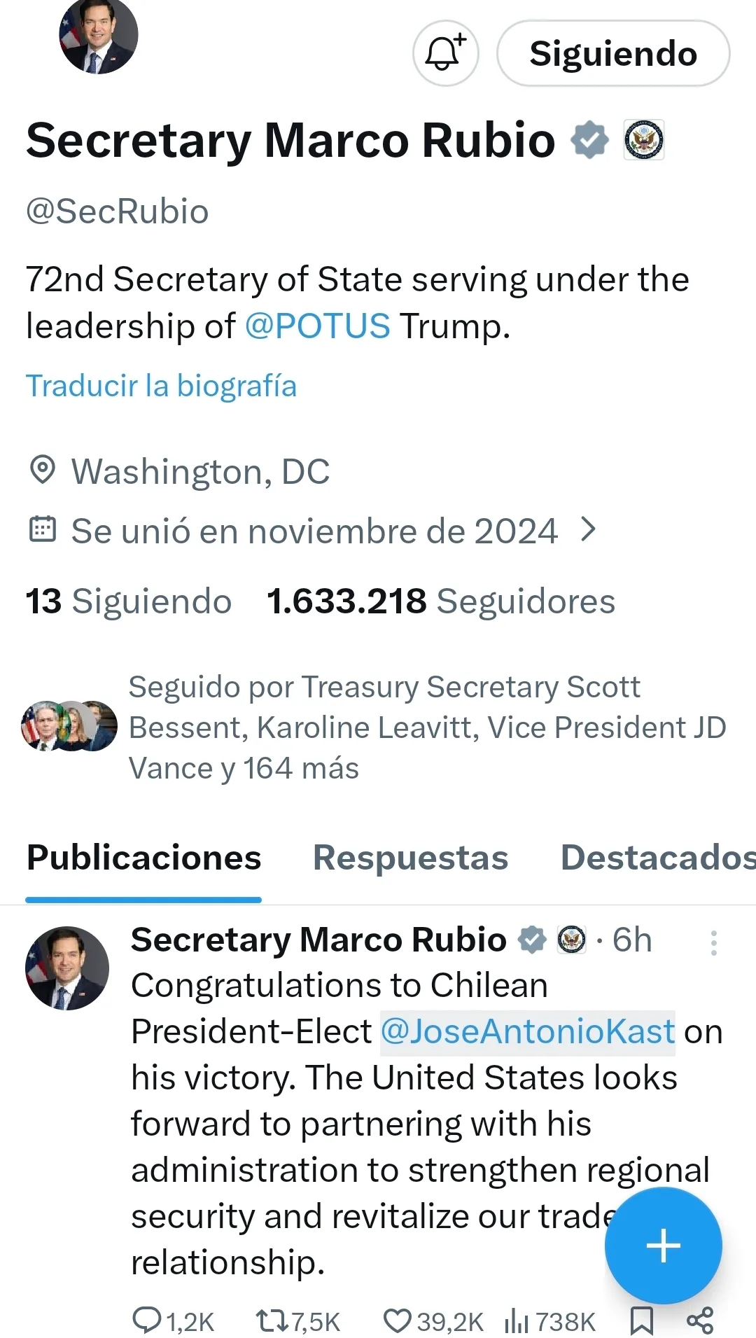 Marco Rubio, Secretario de Estado de los Estados Unidos, transmitió sus felicitaciones a José Antonio Kast Rist y aseguró que Estados Unidos espera colaborar, fortalecer la seguridad regional y revitalizar la relación comercial con Chile. 
