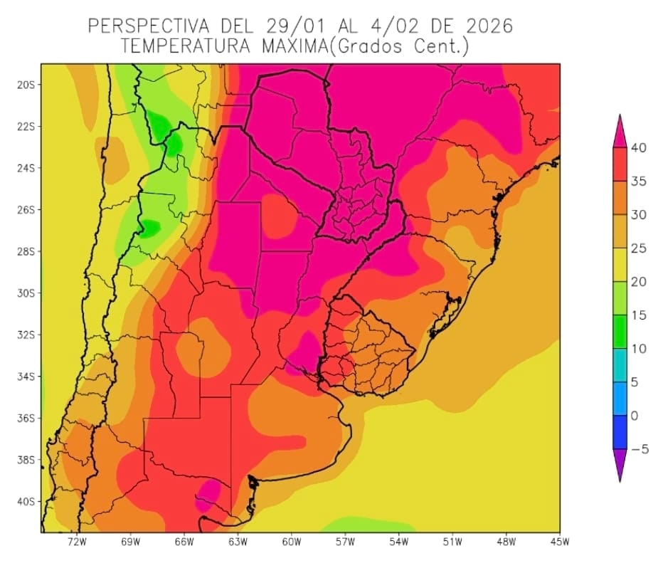 PAC Perspectiva Agroclimática del 29 de enero al 4 de febrero de 2026. Temperaturas máximas. Fuente: Bolsa de Cereales de Buenos Aires 