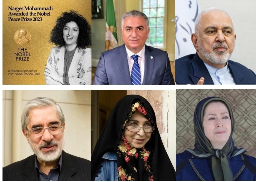 Las caras de la oposición iraní. De izquierda a derecha, arriba, Narges Mohammadi, Reza Pahalavi, Mohammad Javad Zarif. Abajo, Mir-Hossein Mousavi, Zahra Rahnavard, Maryam Rajavi
