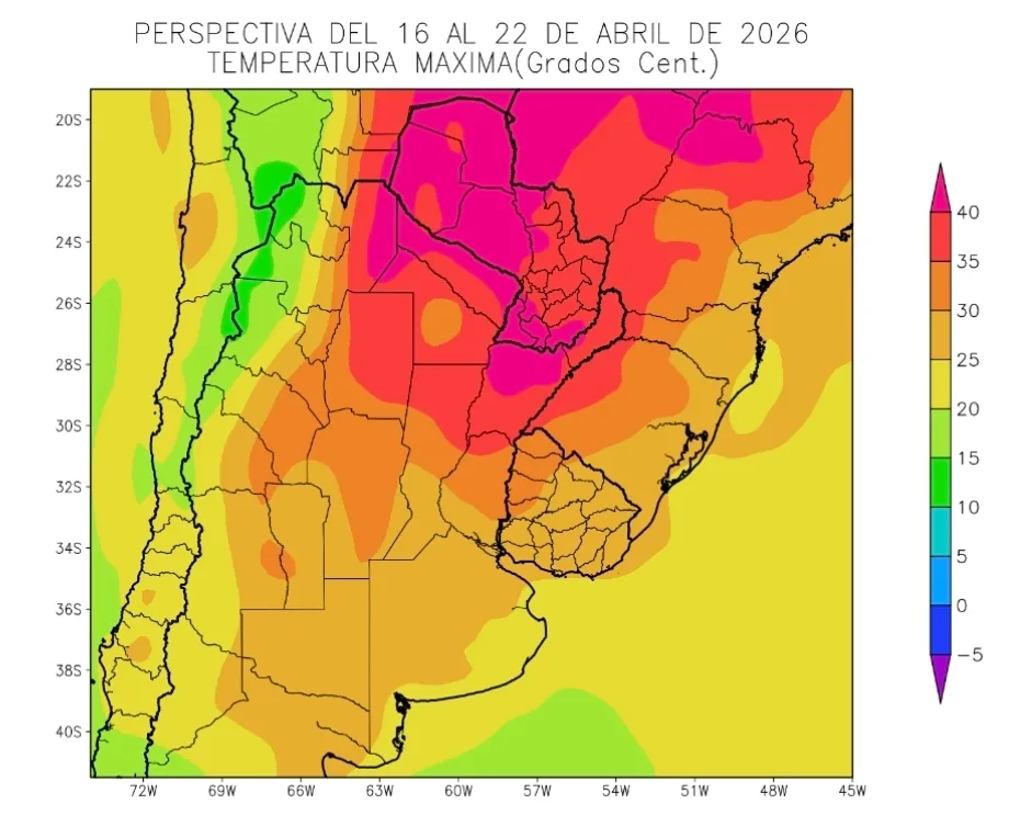 Temperaturas máximas. Perspectiva Agroclimática del 16 al 22 de abril. Fuente: Bolsa de Cereales de Buenos Aires 