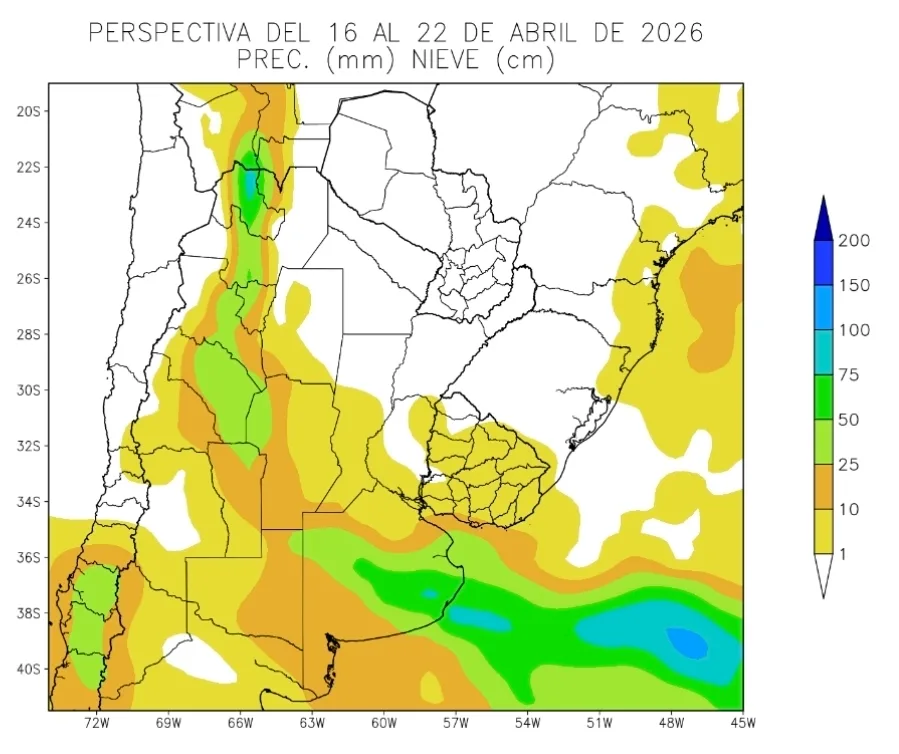 Del 16 al 22 de abril se preveen precipitaciones muy contrastante. Fuente: Perspectiva Agroclimática de la Bolsa de Cereales de Buenos Aires.