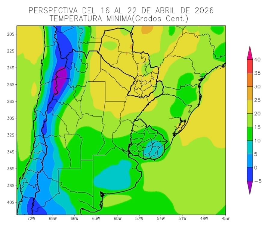 Temperaturas mínimas previstas entre el 16 y 22 de abril según la Perspectiva Agroclimática de la Bolsa de Cereales de Buenos Aires 