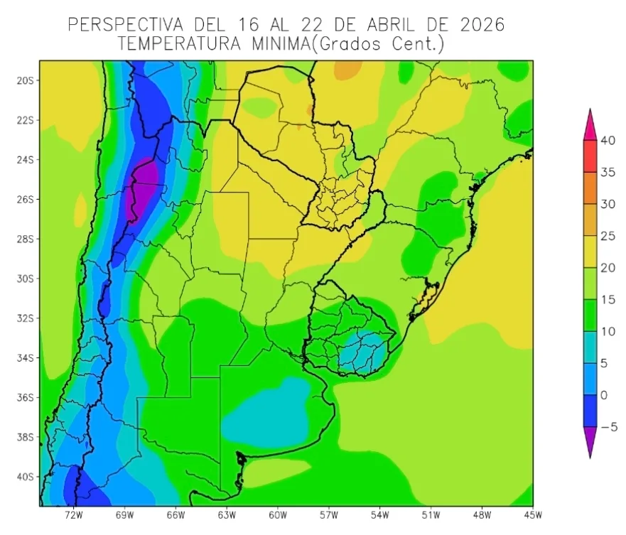 Temperaturas mínimas previstas entre el 16 y 22 de abril según la Perspectiva Agroclimática de la Bolsa de Cereales de Buenos Aires 